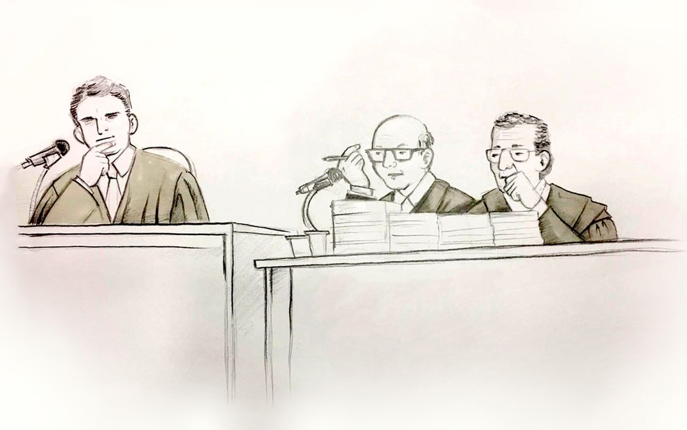 Ilustração mostra o juiz, promotor e assistente de acusação do caso Matsunaga (Foto: Roberta Jaworski/Editoria de Arte/G1)