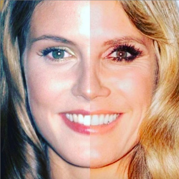 A montagem compartilhada por Heidi Klum com uma foto antiga e uma nova do rosto dela (Foto: Instagram)