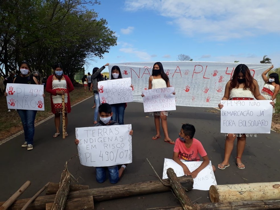 Lideranças indígenas de Avaí (SP) se unem aos protestos em Brasília contra PL.490 — Foto: Marta Pio/ Arquivo pessoal