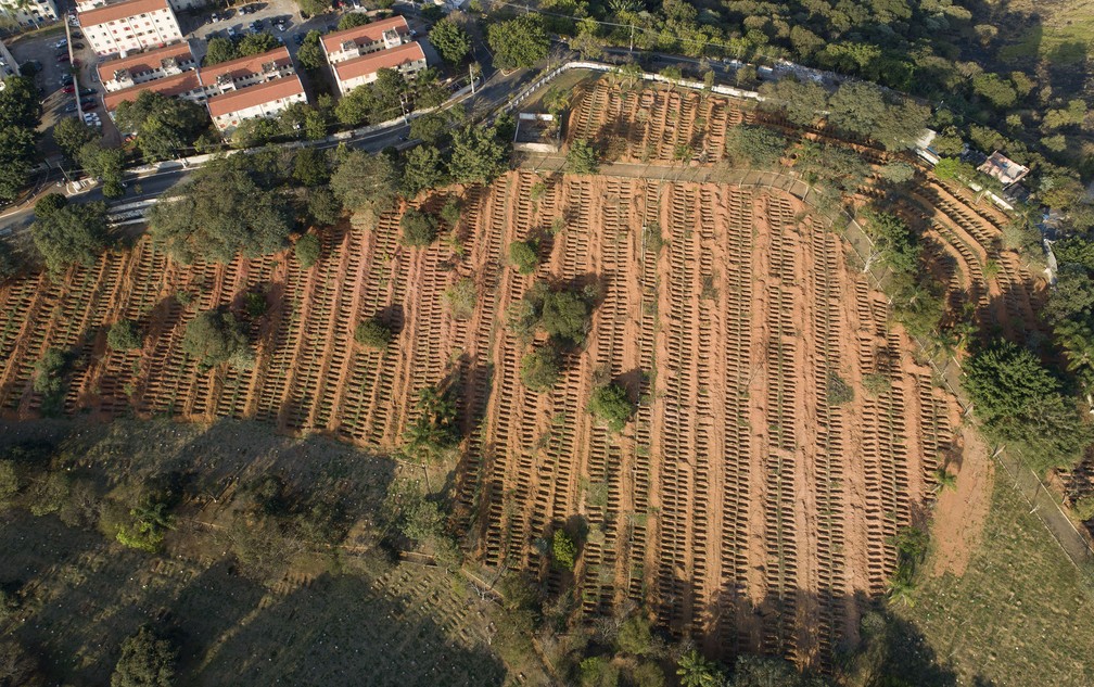 22 de junho - Vista aérea do cemitério São Luiz, em meio ao surto de coronavírus (COVID-19), em São Paulo — Foto: Andre Penner/AP