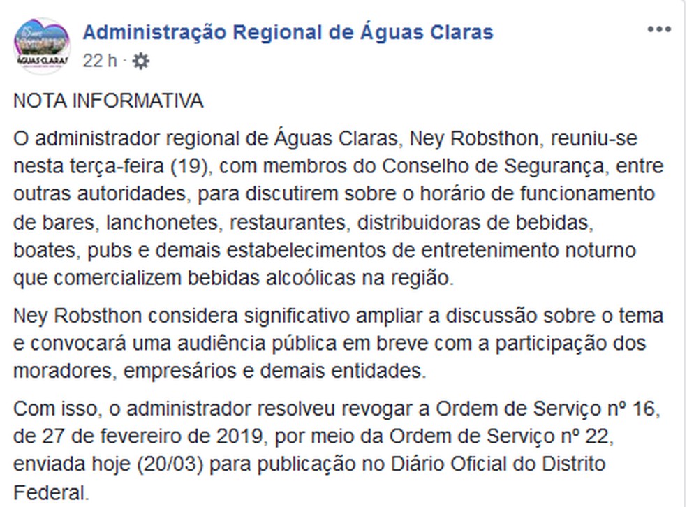 Comunicado publicada nas redes sociais da AdministraÃ§Ã£o de Ãguas Claras â Foto: Facebook/ReproduÃ§Ã£o