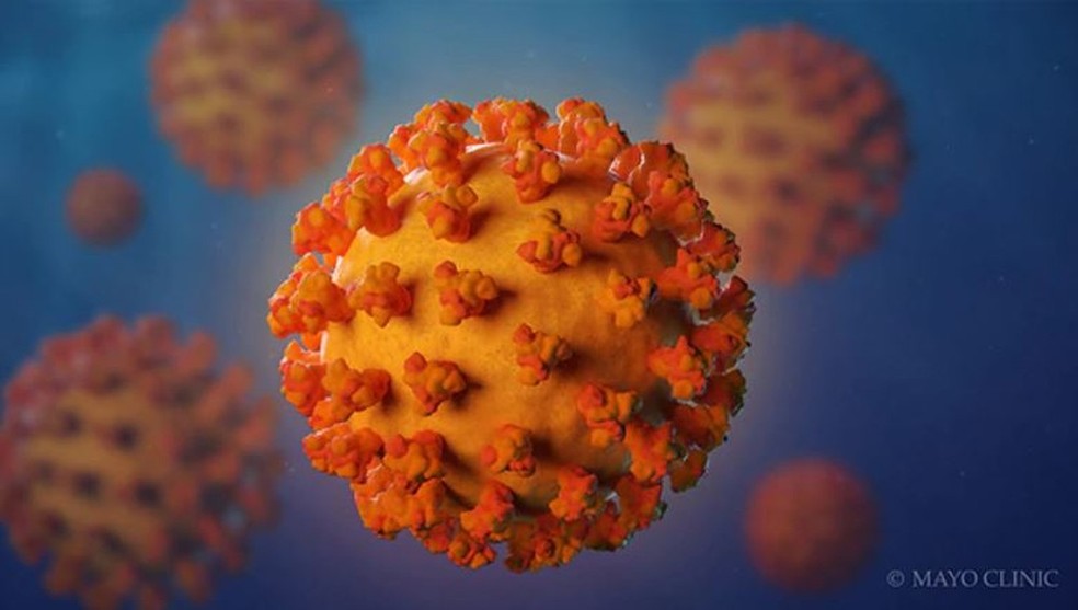 Computação gráfica de representação do novo coronavírus, cujo nome científico é Sars CoV-2, o vírus causador da Covid-19 — Foto: Mayo Clinic