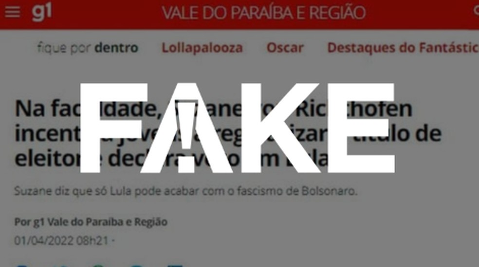 É #FAKE que g1 publicou texto em que diz que Suzane Von Richthofen pede votos para Lula  — Foto: Reprodução