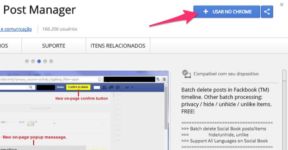Ação para preparar o download da extensão Social Book Post Manager para Chrome — Foto: Reprodução/Marvin Costa