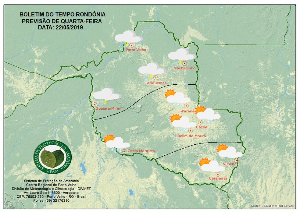 Previsão do tempo para o dia 22 de maio, RO — Foto: Sipam/Divulgação