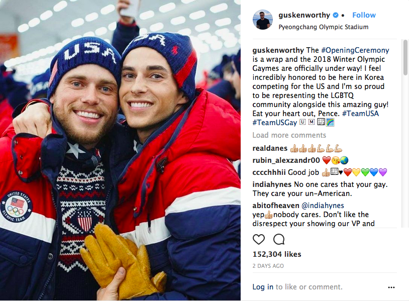 O post no qual o esquiador Gus Kenworthy fez uma crítica ao vice-presidente dos EUA, Mike Pence (Foto: Instagram)