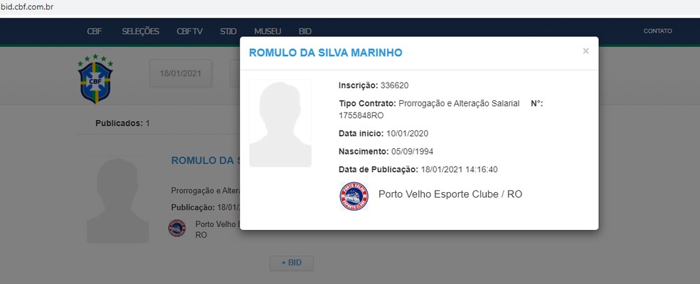 Nome de Rômulo, do Porto Velho, cai no BID com especificações (Foto: Divulgação)