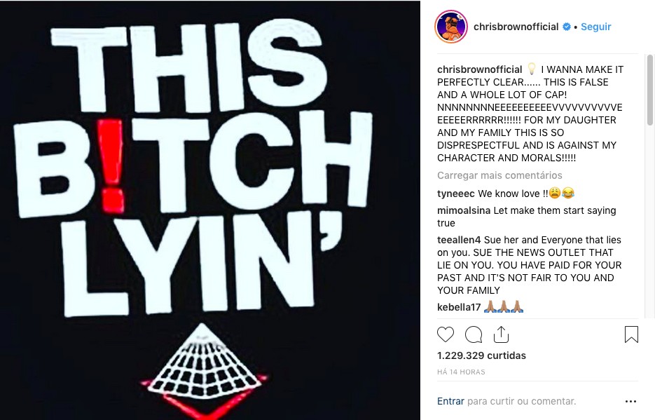 O post no qual o rapper Chris Brown chama de mentira a acusação de estupro feita por uma modelo francesa contra ele (Foto: Instagram)