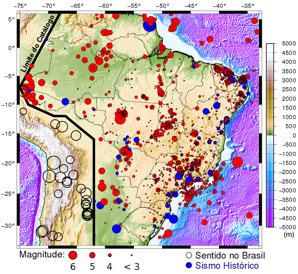 Mapa mostra histÃ³rico dos terremotos que ocorreram no Brasil de 1720 atÃ© dezembro de 2017. Os cÃ­rculos em vermelho mostram a magnitude do tremor  (Foto: Centro de Sismologia/USP)