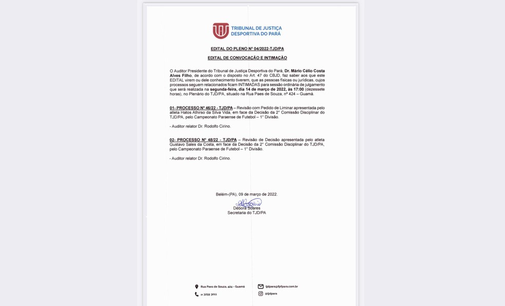 Edital de convocação e intimação de julgamentos do TJD-PA — Foto: Divulgação