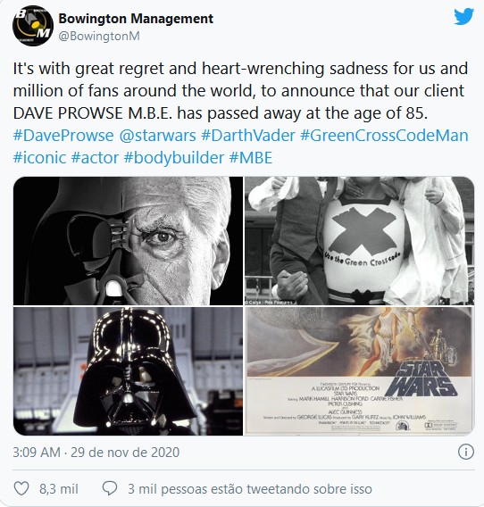 Morte foi confirmada em um tuíte da agência que cuidava da carreira de Prowse (Foto: Reprodução/Twitter)