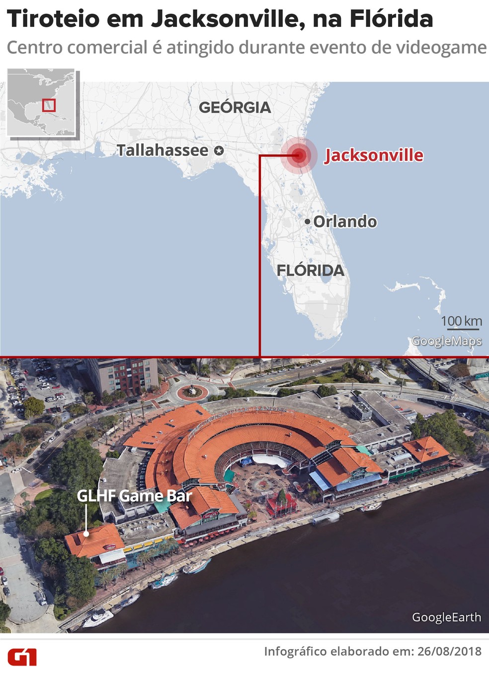 Tiroteio em Jacksonville, na Flórida.  (Foto: Crédito: Igor Estrella/G1)