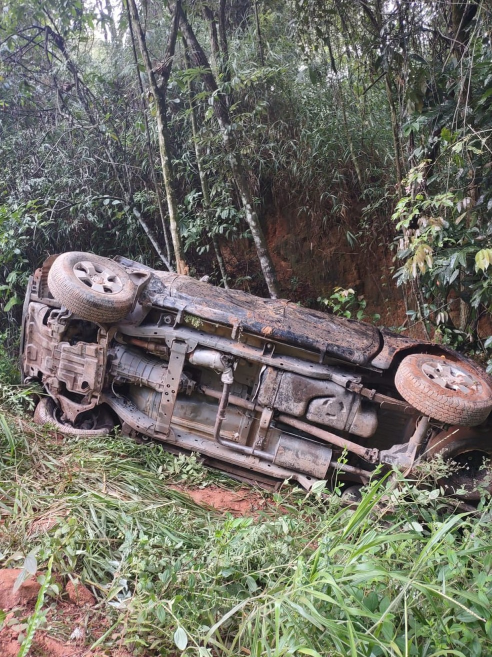 Carro cai em ribanceira em Ravena, na Região Metropolitana — Foto: Corpo de Bombeiros de Minas Gerais