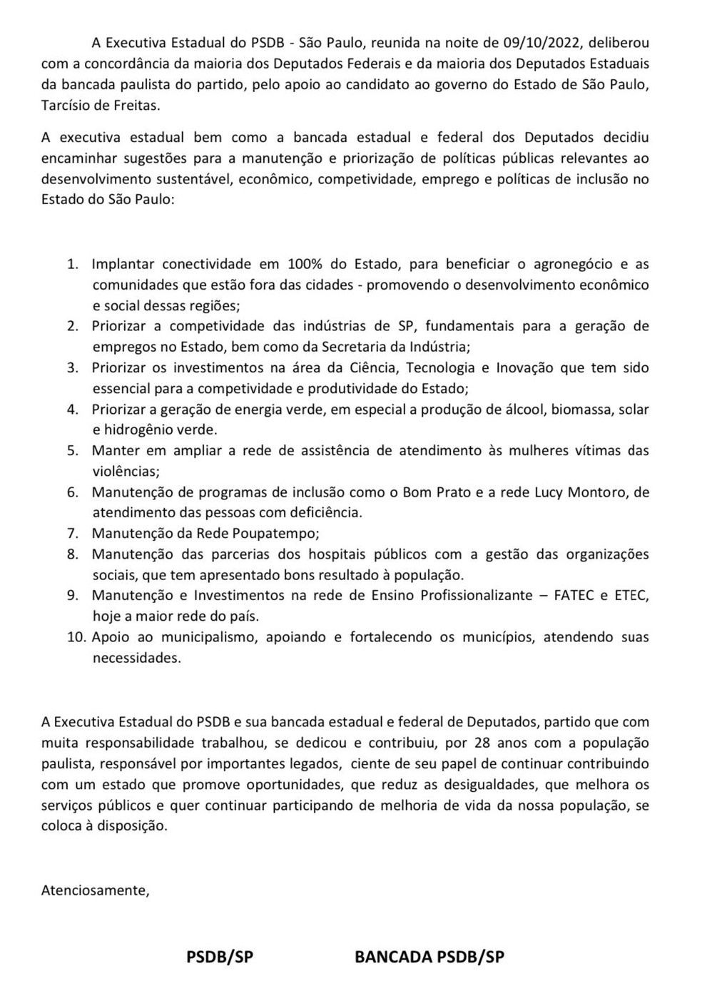 Carta do PSDB de SP formalizando apoio a Tarcísio de Freitas (Republicanos). — Foto: Reprodução 