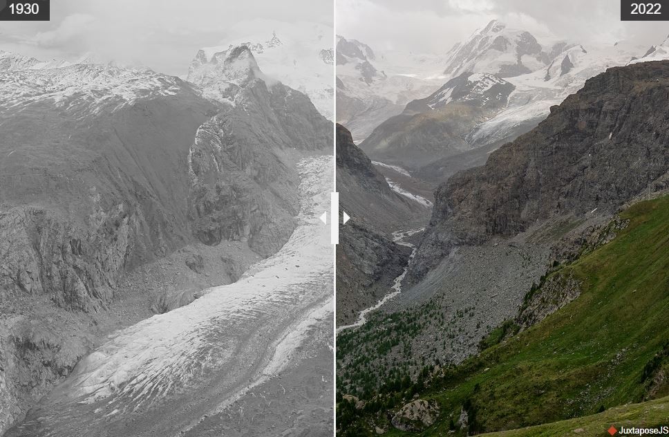 O Glaciar Gorner e a área do Monte Rosa em 1930 e 2022 (Foto: Swisstopo e VAW / ETH Zurique)