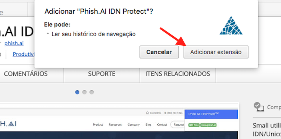 Ação para baixar e instalar a extensão Phish.Al do Google Chrome (Foto: Reprodução/Marvin Costa)
