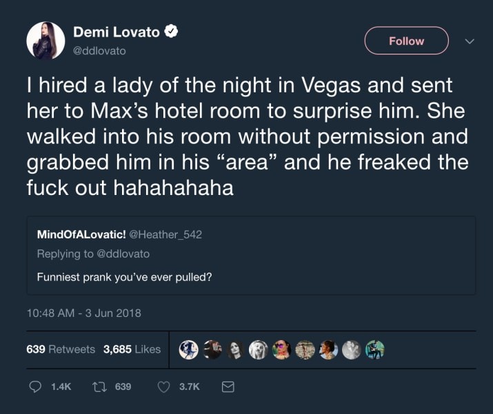 O tuíte polêmico no qual Demi Lovato revelou ter contratado uma prostituta para assediar seu segurança pessoal (Foto: Twitter)