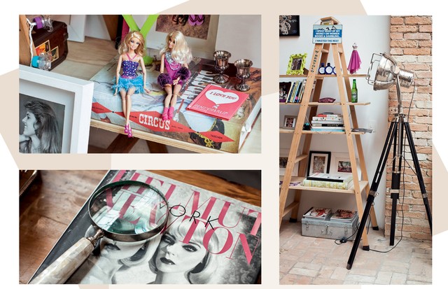 Detalhes da prateleira improvisada com escadas de obra: Barbies com roupas customizadas e o coffee table book de Helmut Newton (Foto: Deco Cury)