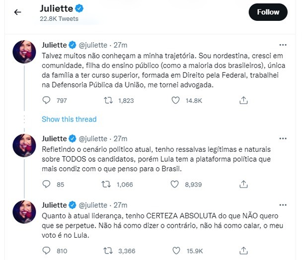 Publicação de Juliette (Foto: Reprodução/Twitter)