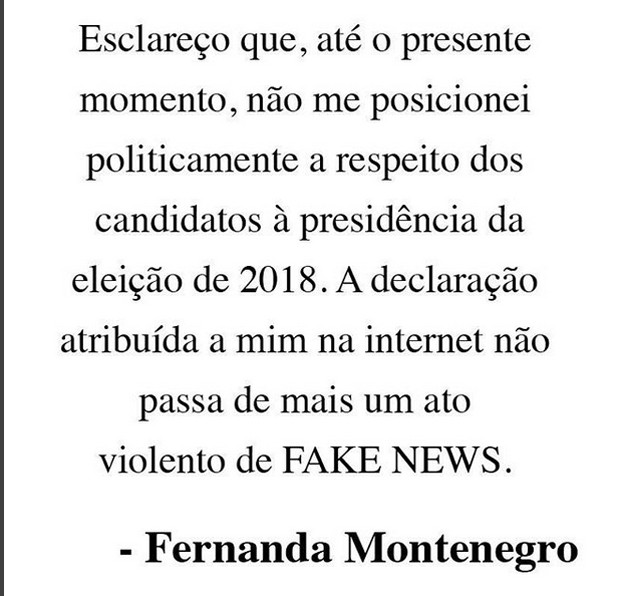 Fernanda Montenegro esclarece não ter se posicionado politicamente (Foto: Reprodução/Instagram) Fernanda Montenegro esclarece não ter se posicionado politicamente (Foto: Reprodução/Instagram)