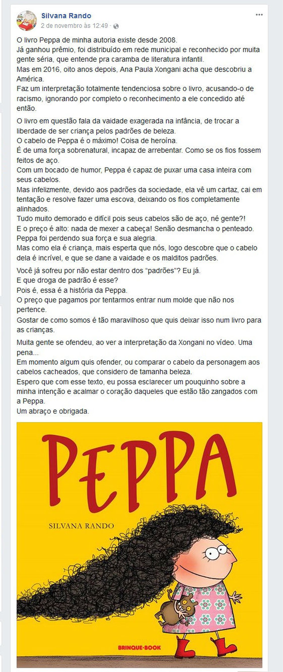 Escritora Silvana Rando publicou texto em defesa do livro 'Peppa', mas conta que recebeu uma enxurrada de críticas e xingamentos (Foto: Reprodução/Facebook)