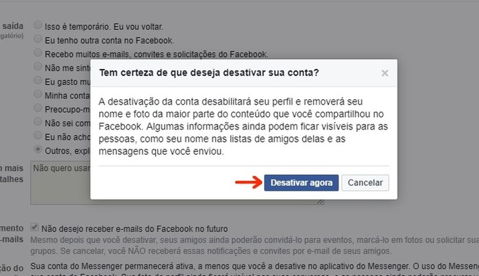 Caixa de confirmação para desativar conta no Facebook temporariamente (Foto: Reprodução/Raquel Freire) Caixa de confirmação para desativar conta no Facebook temporariamente (Foto: Reprodução/Raquel Freire)