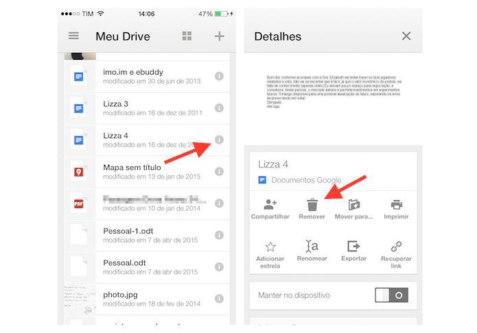 Iniciando a ação para deletar um arquivo do Google Drive pelo iPhone (Foto: Reprodução/Marvin Costa)