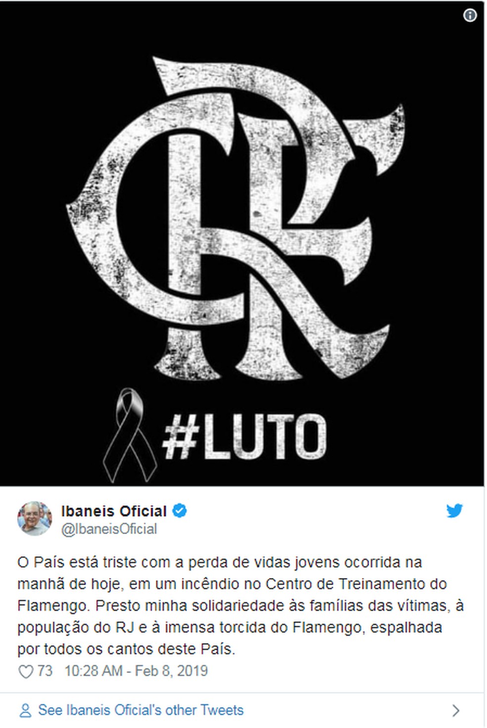 No Twitter, o governador Ibaneis lamentou as mortes no incêndio no Rio de Janeiro — Foto: Twitter / Reprodução