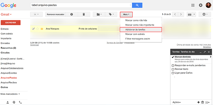 Clique em opção destacada para adicionar e-mail à nova tarefa do Gmail (Foto: Reprodução/Elson de Souza)