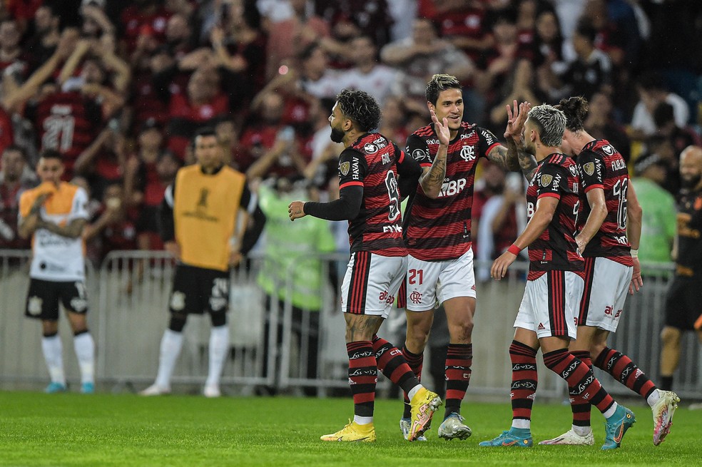 Flamengo comemora gol de Pedro contra o Corinthians — Foto: Thiago Ribeiro/AGIF