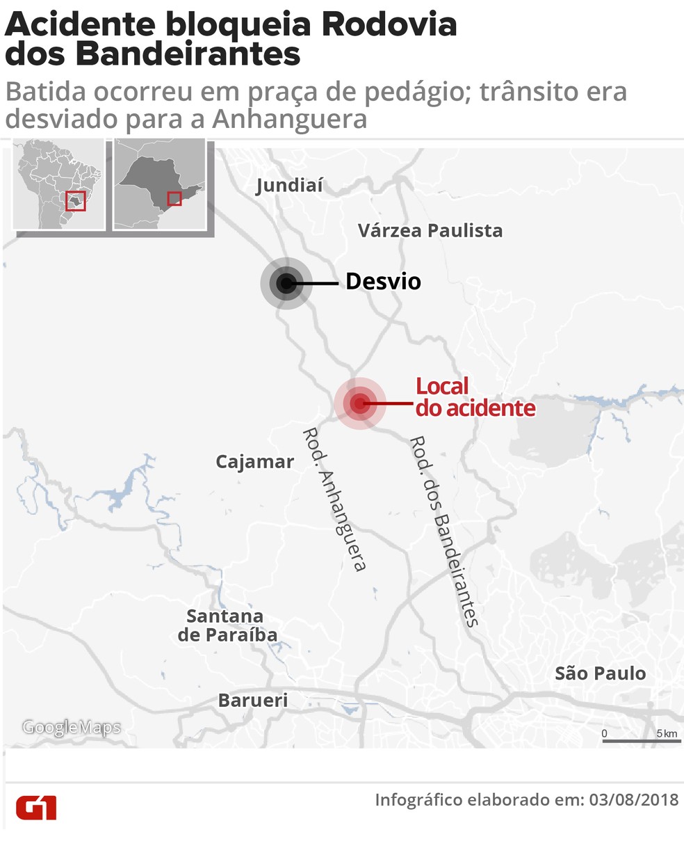 Mapa mostra local onde acidente aconteceu, na Rodovia dos Bandeirantes (Foto: Karina Almeida/G1)
