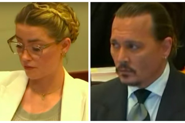 Amber Heard e Johnny Depp em sessão do julgamento do processo movido pelo ator contra a ex (Foto: Reprodução)