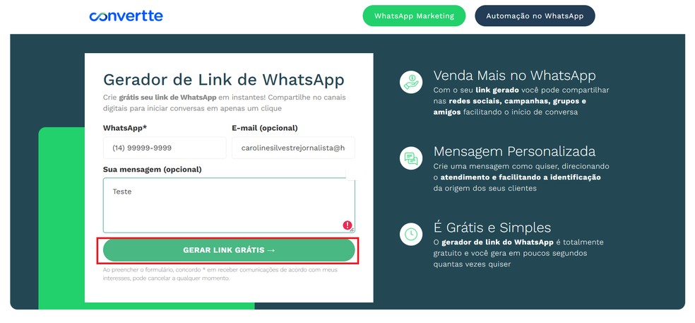 Botão “Gerar link grátis” permite criar link para WhatsApp — Foto: Reprodução/Caroline Silvestre