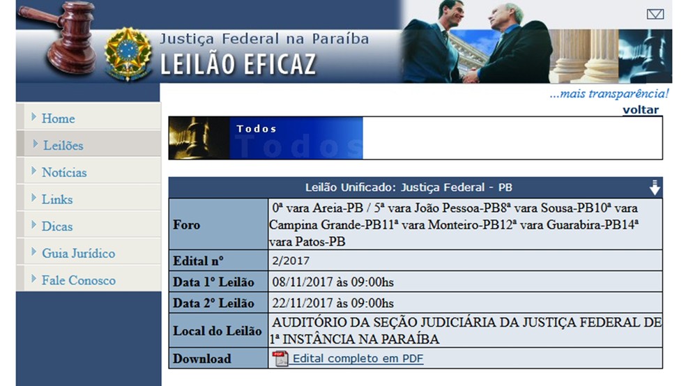 Leilão da Justiça Federal da Paraíba acontece nesta quarta-feira (8) (Foto: Reprodução/web.jfpb.jus.br/leilaoJFPB)