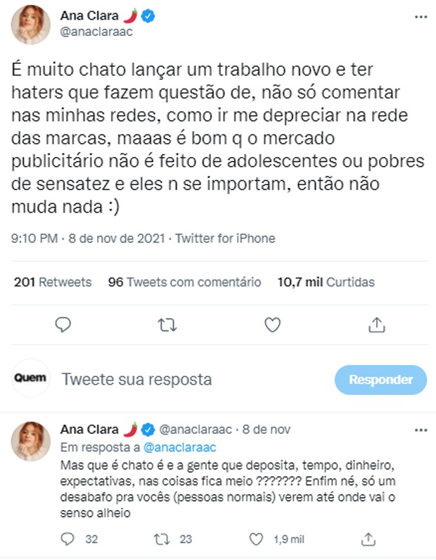 Ana Clara fala de haters (Foto: Reprodução/Twitter)