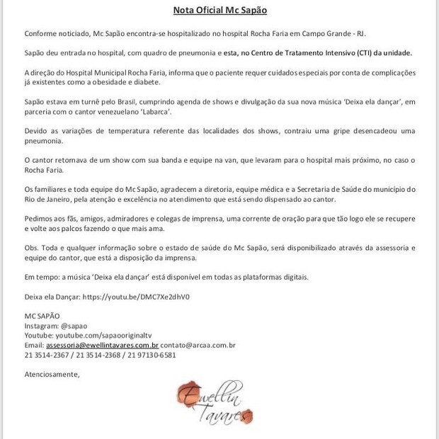 Nota oficial de falecimento do MC Sapão enviada pela assessoria do artista (Foto: divulgação)