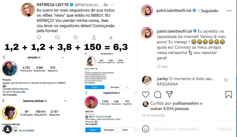 Patrícia Leitte faz campanha para passar número de seguidores de Projota, Karol Conká, Lumena e Nego Di (Foto: Reprodução/Instagram)