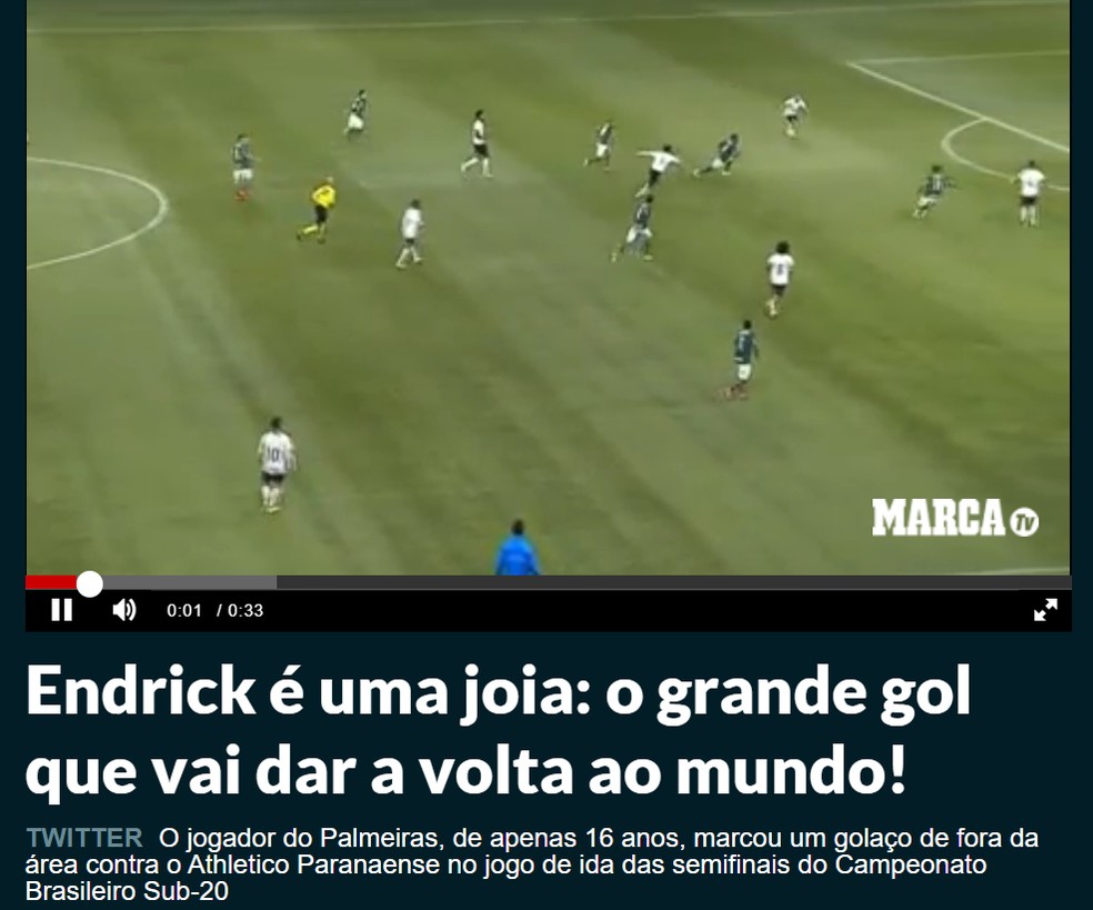 Marca, da Espanha, repercute gol de Endrick pelo Palmeiras  Foto: Reproduo