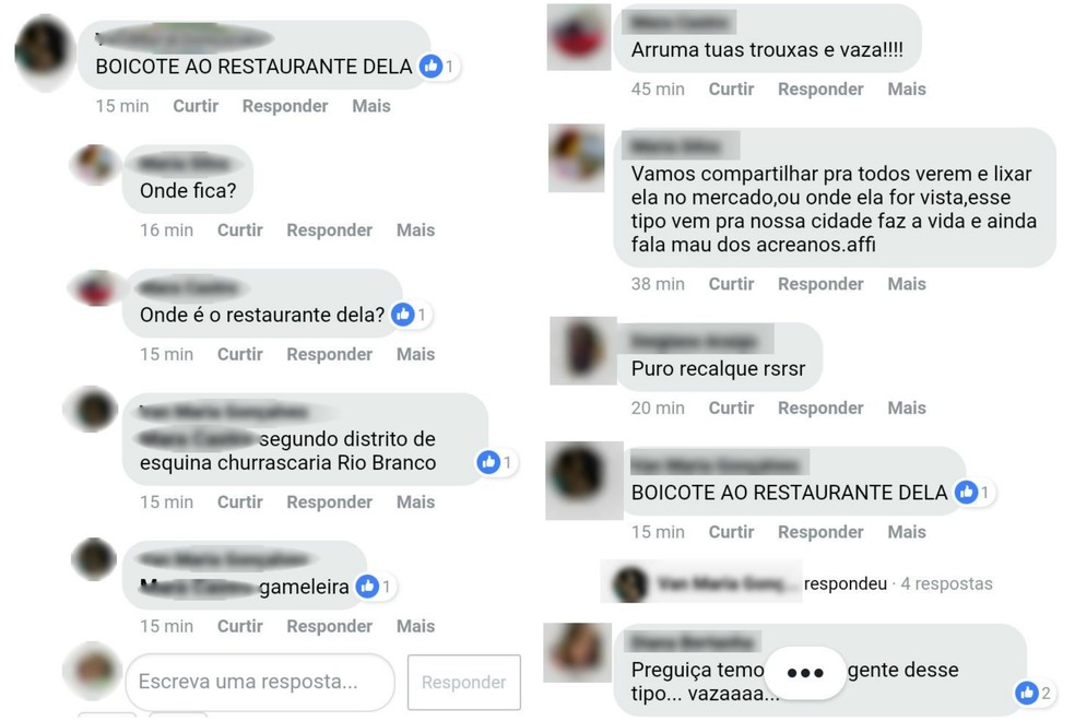 Internautas sugeriram boicote ao restaurante de empresária que chamou povo acreano de 'preguiçoso' (Foto: Reprodução/Facebook)