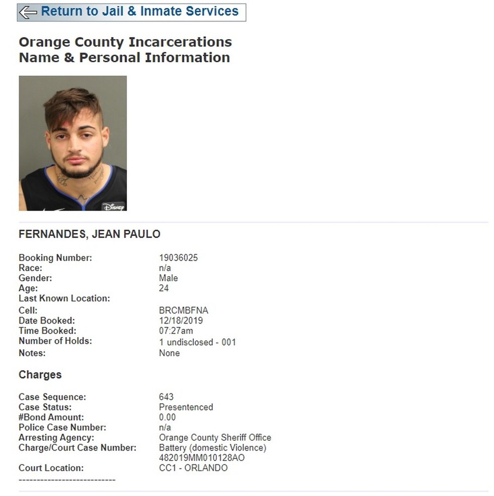 Imagem da ficha de polícia do goleiro Jean, do São Paulo, que foi detido na Flórida no dia 18 de dezembro de 2019 — Foto: Reprodução/Departamento de Polícia de Orange County 