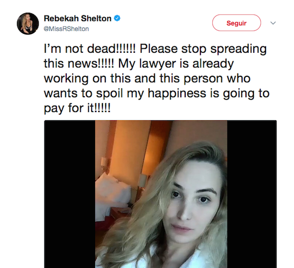 A mensagem na qual Rebekah Shelton insiste que está viva (Foto: Twitter)