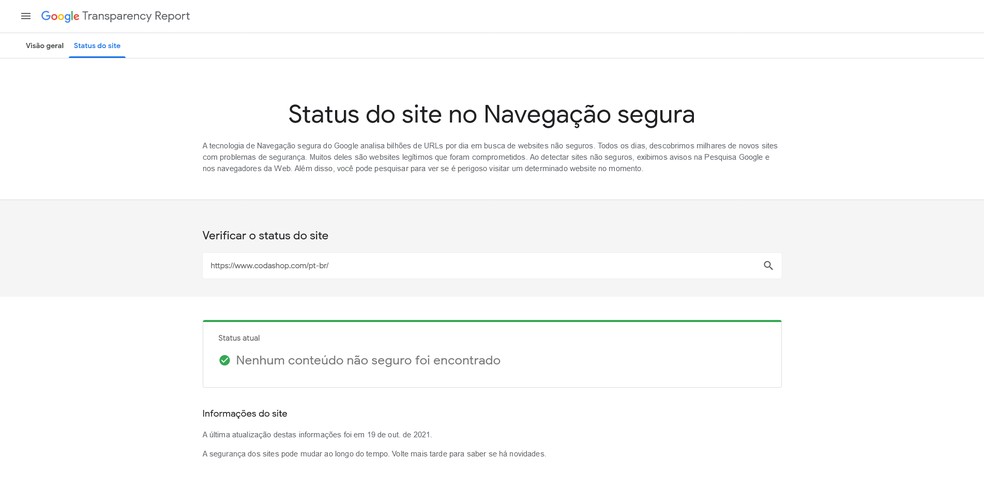 A ferramenta Navegação Segura, do Google, aponta que a página da Codashop não possui nenhum conteúdo inseguro — Foto: Reprodução/Leandro Eduardo