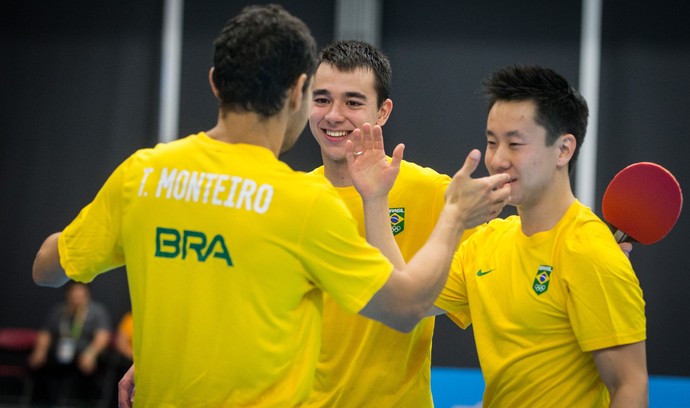 Hugo Calderanom Thiago Monteiro e Gustavo Tsubo tênis de mesa pan-americano 2015 (Foto: Jonne Roriz/Exemplus/COB)