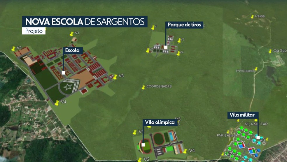 Projeto do Exército apresentado ao Governo de Pernambuco mostrava que seria construída uma academia militar — Foto: Reprodução/TV Globo