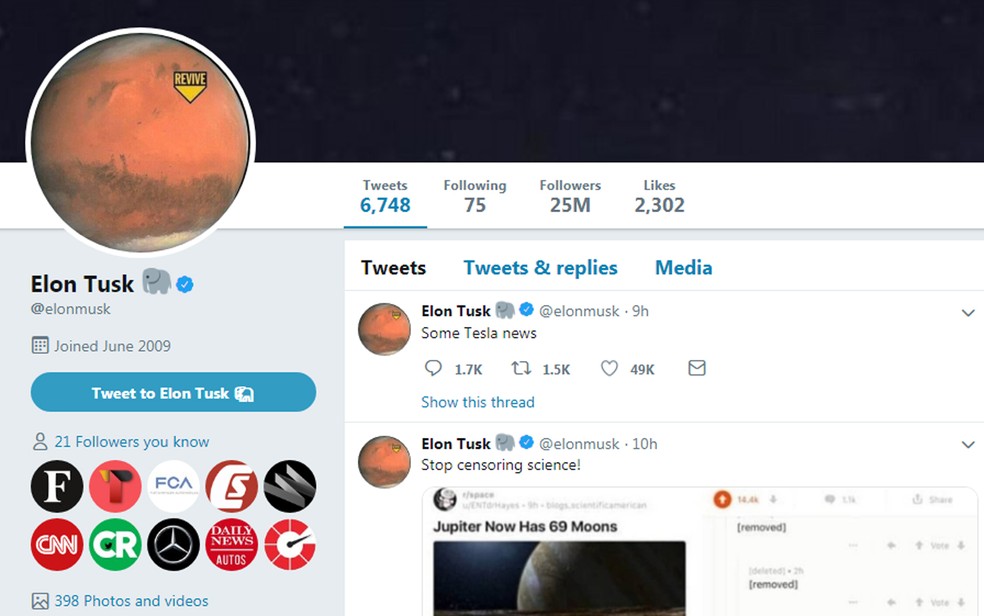 Elon Musk mudou o nome de seu perfil no Twitter para Elon Tusk na Ãºltima quarta (26) â€” Foto: ReproduÃ§Ã£o
