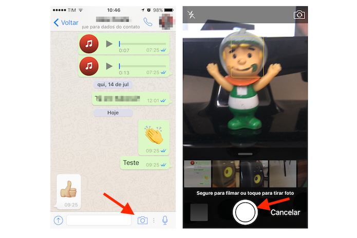 Iniciando a gravação de uma mensagem de vídeo no WhatsApp para iPhone (Foto: Reprodução/Marvin Costa)