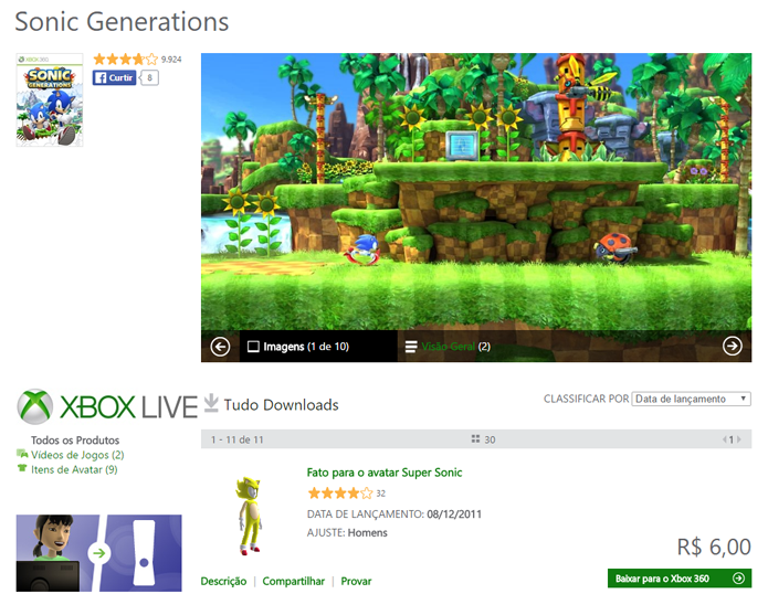 Página de Sonic Generations no site da Xbox LIVE Marktplace (Foto: Reprodução/André Mello) (Foto: Página de Sonic Generations no site da Xbox LIVE Marktplace (Foto: Reprodução/André Mello))