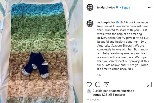 Ed Sheeran anuncia o nascimento da filha, Lyra Antarctica   (Foto: Reprodução/Instagram)