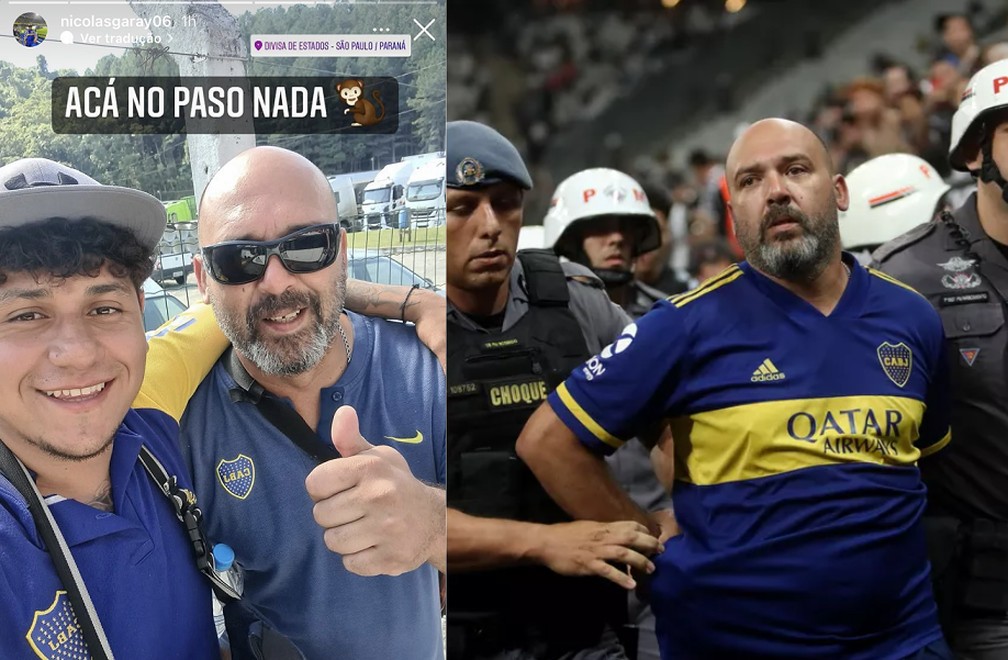 Torcedor argentino do Boca Juniors, em foto postada nas redes sociais após pagamento de fiança, e durante detenção pela Polícia Militar na Arena Corinthians, em Itaquera, Zona Leste de São Paulo, na noite de terça (26) — Foto: Reprodução/Twitter e Amanda Perobelli/Reuters