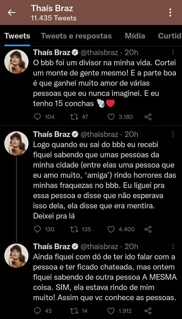 Thaís Braz relata decepção pós-BBB (Foto: Reprodução/Twitter)